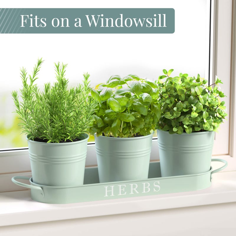Barnyard Designs Indoor Herb Garden Planter Set with Tray, Metal Windowsill Plant Pots with Drainage for Outdoor or Indoor Plants, Set/3 (Soft Mint) - Image 3